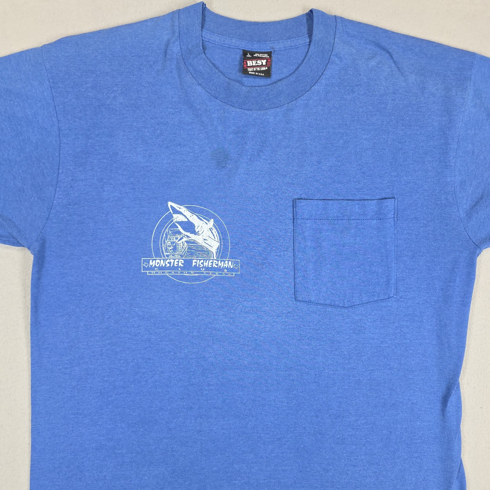 Vintage Monster Fisherman Shirt Mens Large Blue Huston Texas Club Shark Jaws gallery