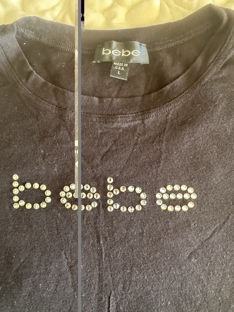 bebe Black Solid Rhinestone Logo Crew Neck Short Sleeve T-Shirt Size L