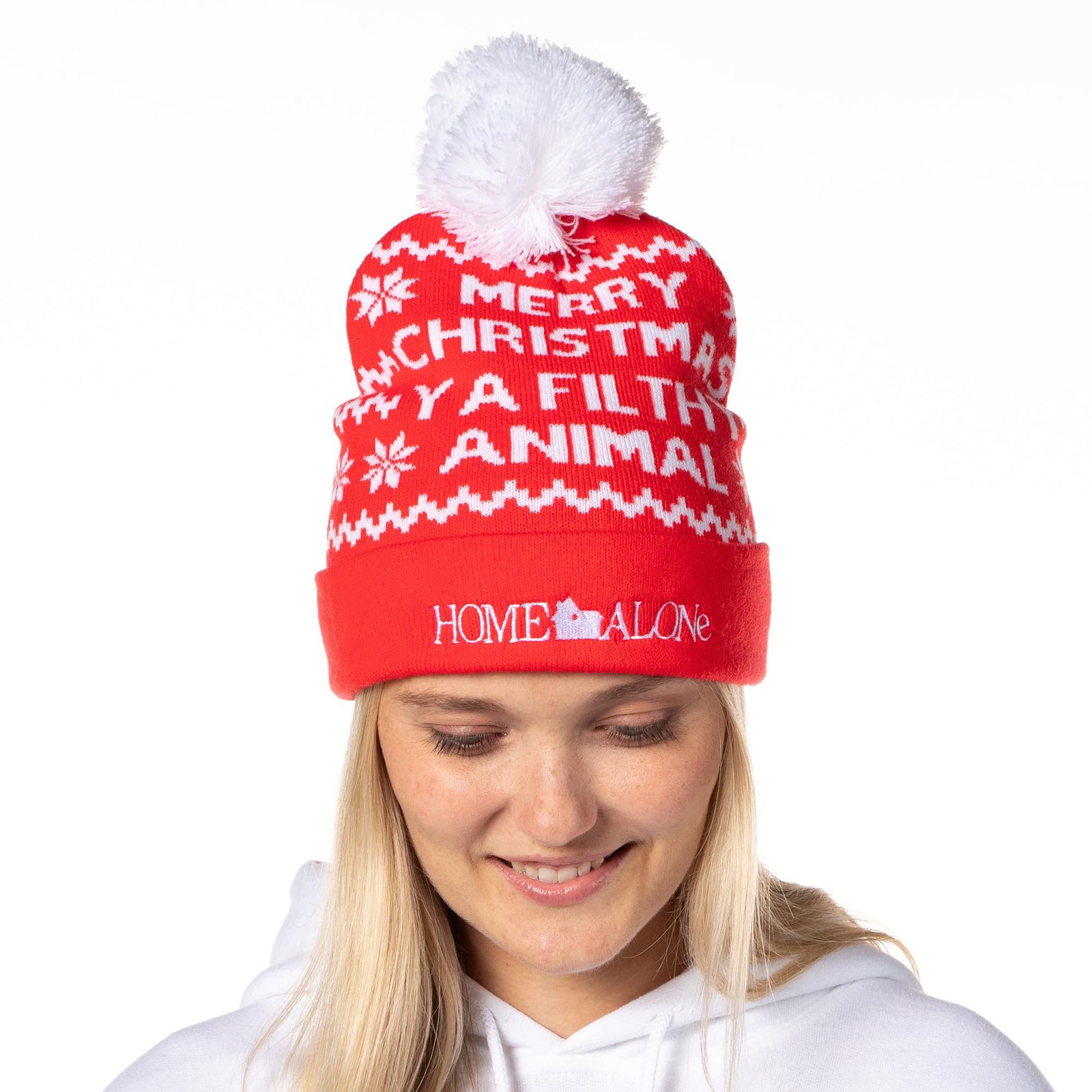 Home Alone Merry Christmas Fold Cuff Pom Adult Knit Beanie Red Winter Hat Cap gallery