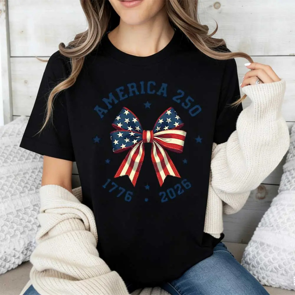 America 250 Stars And Stripes Bow Print T Shirt White Crew Neck Casual Top gallery
