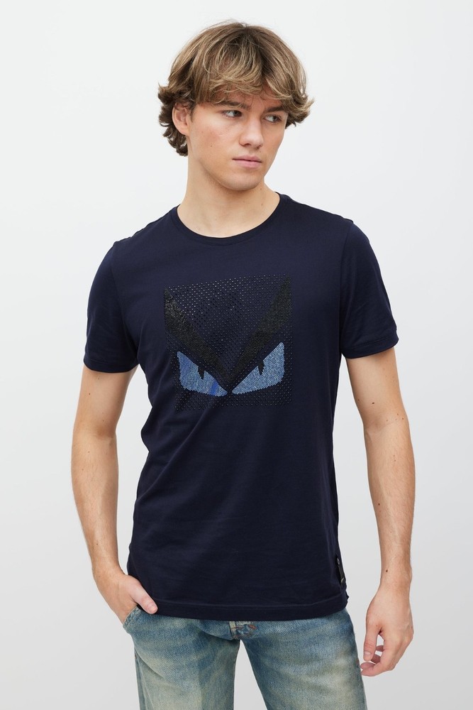 FENDI “Crystal Monster” embellished cotton T-Shirt – navy blue – IT 48 / US M