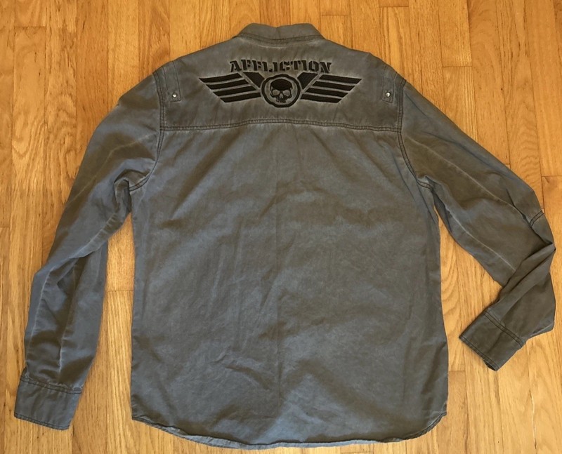 Affliction Black Premium Skull Embroidered Button Up Gray Long Sleeve Shirt Lg gallery