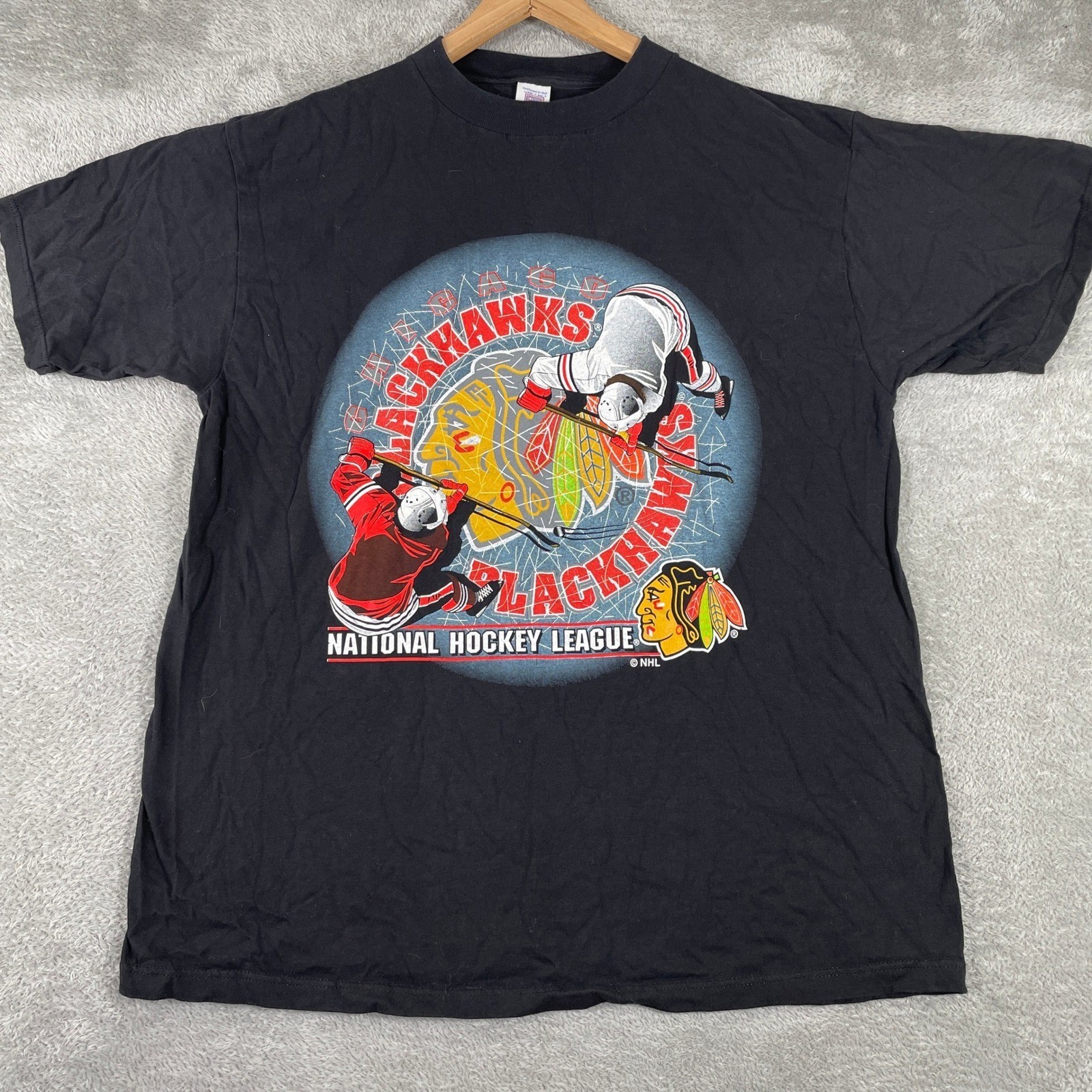 Vintage Chicago Blackhawks T Shirt Mens XL Black Logo 7 NHL Graphic Hockey Tee