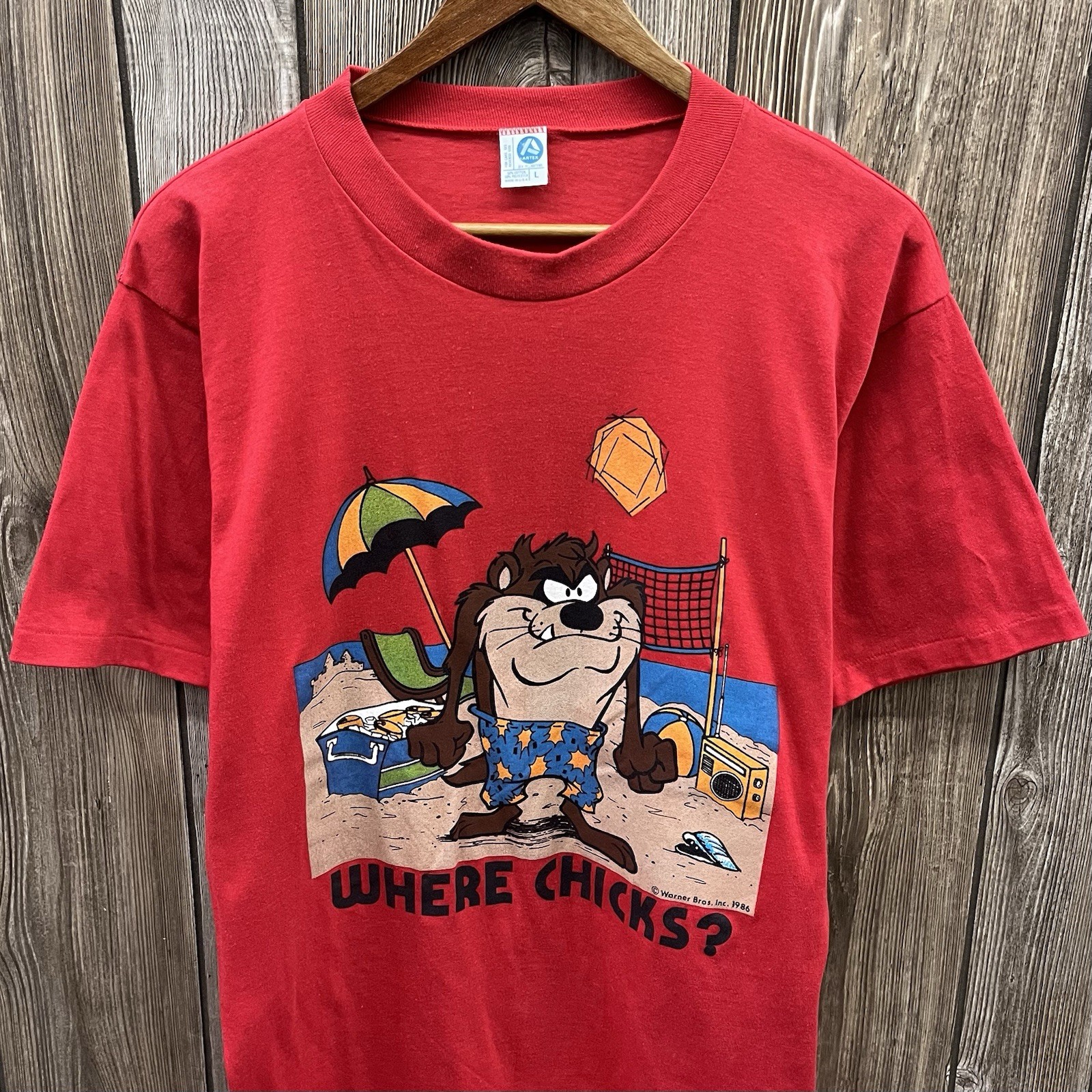 Vintage Warner Bros Looney Tunes Taz Beach Graphic Tee Shirt Red 80s Mens Large gallery