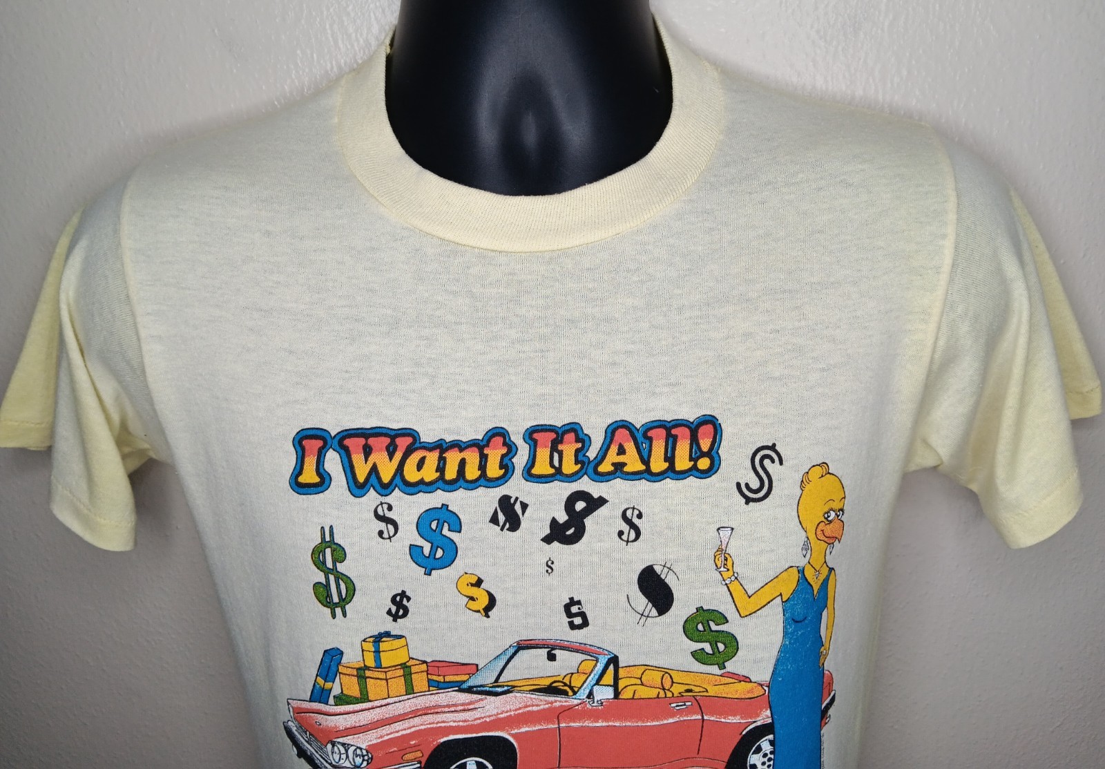 Vintage 90s I Want It All Adult Small T-shirt Thin Yellow Tee Jerzees 1990 gallery