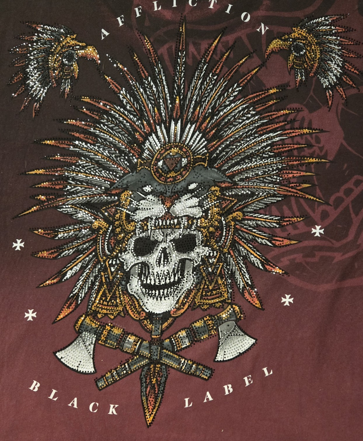 Affliction Black Label Men’s 2XL Burgundy Skull Rhinestone T-Shirt