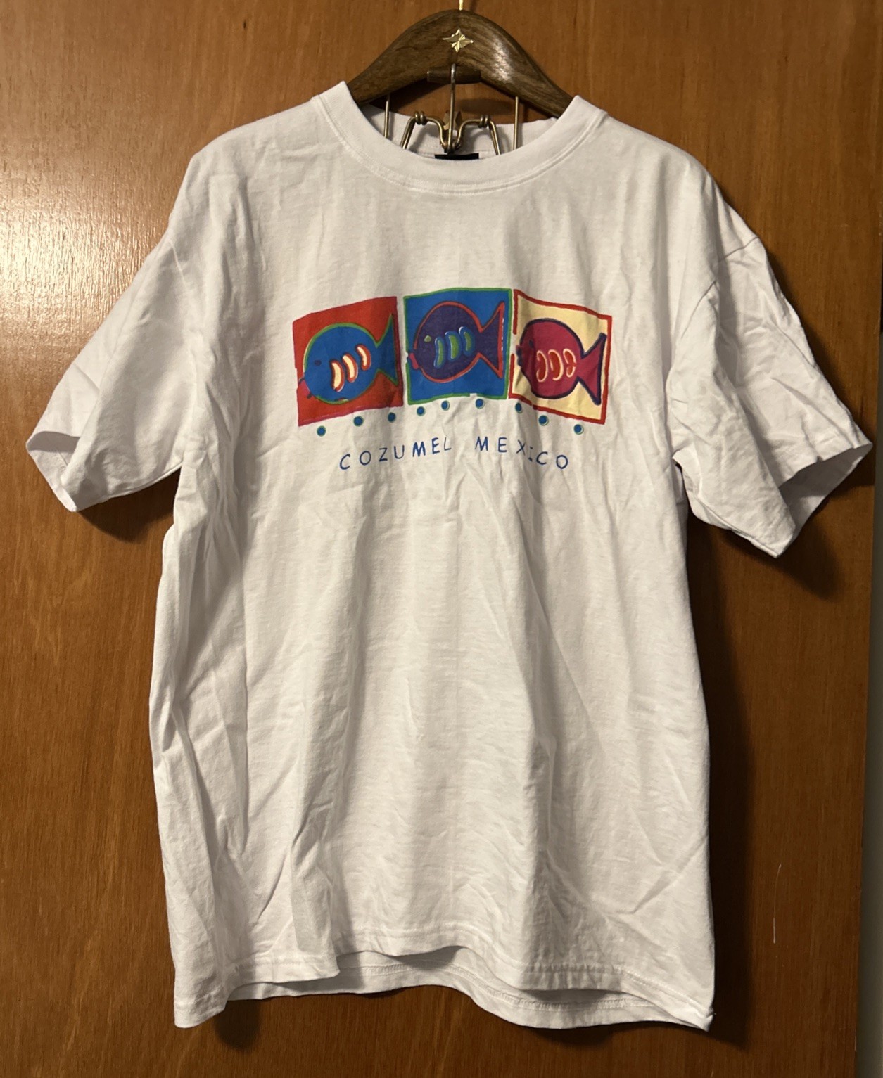 Vintage 90’s Cozumel Mexico Art Fish Print Bright Colors White Tshirt Size Large gallery