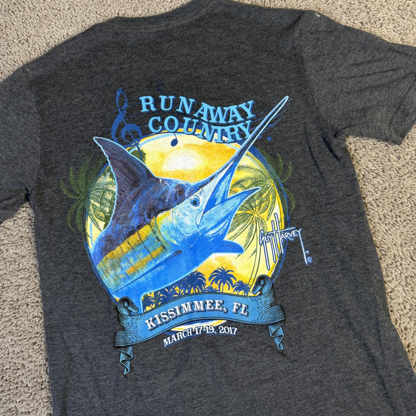 Guy Harvey Shirt Mens Small Gray Runaway Country Kissimmee FL Graphic Fish Music gallery