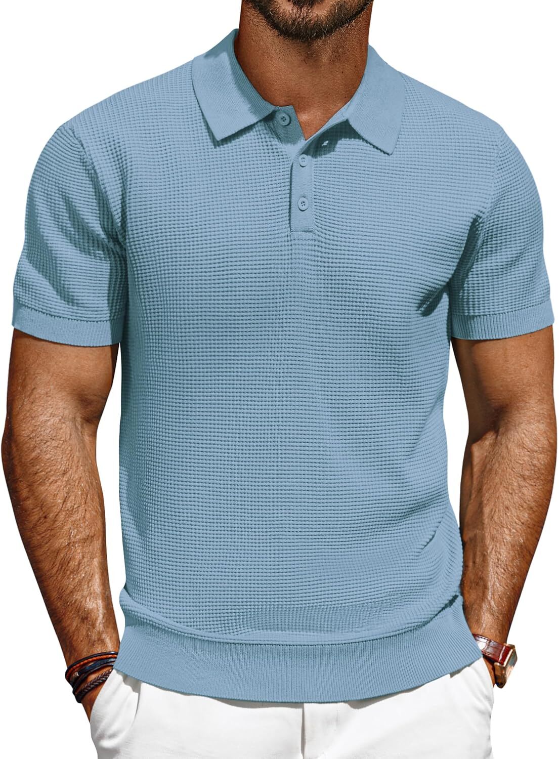 Men's Short Sleeve Polo Shirt Casual Golf Wear Lightweight Waffle Knit Fabric gallery
