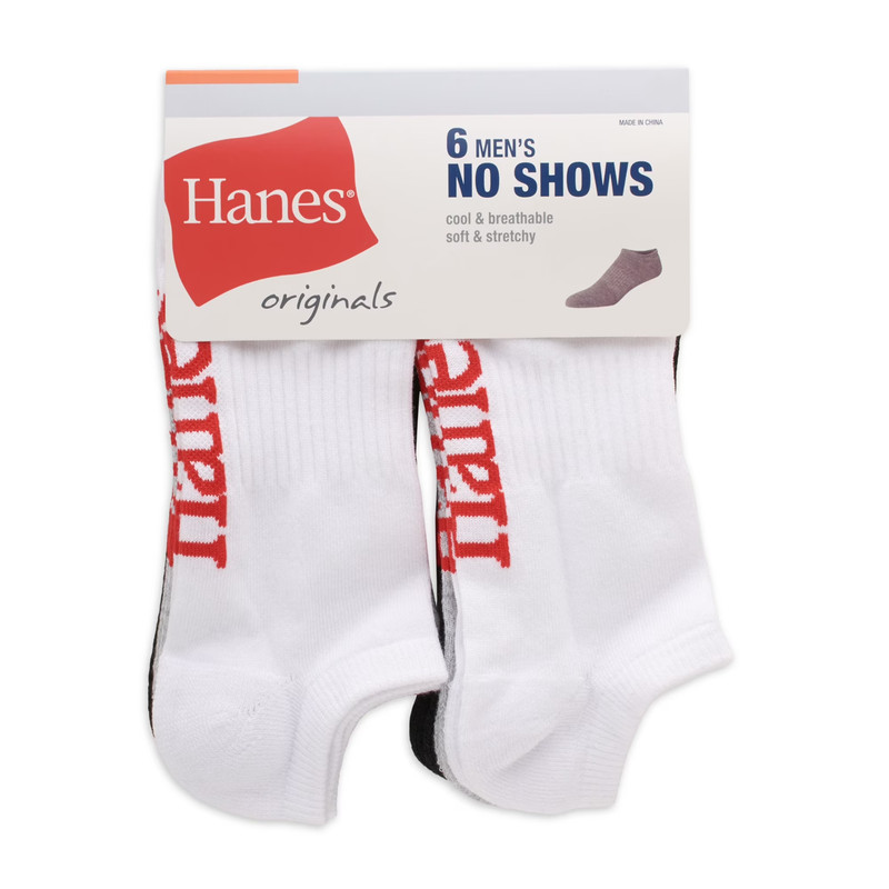 Hanes Originals White Men’s No Show Socks 6 Pair Men’s Shoe Size  6-12