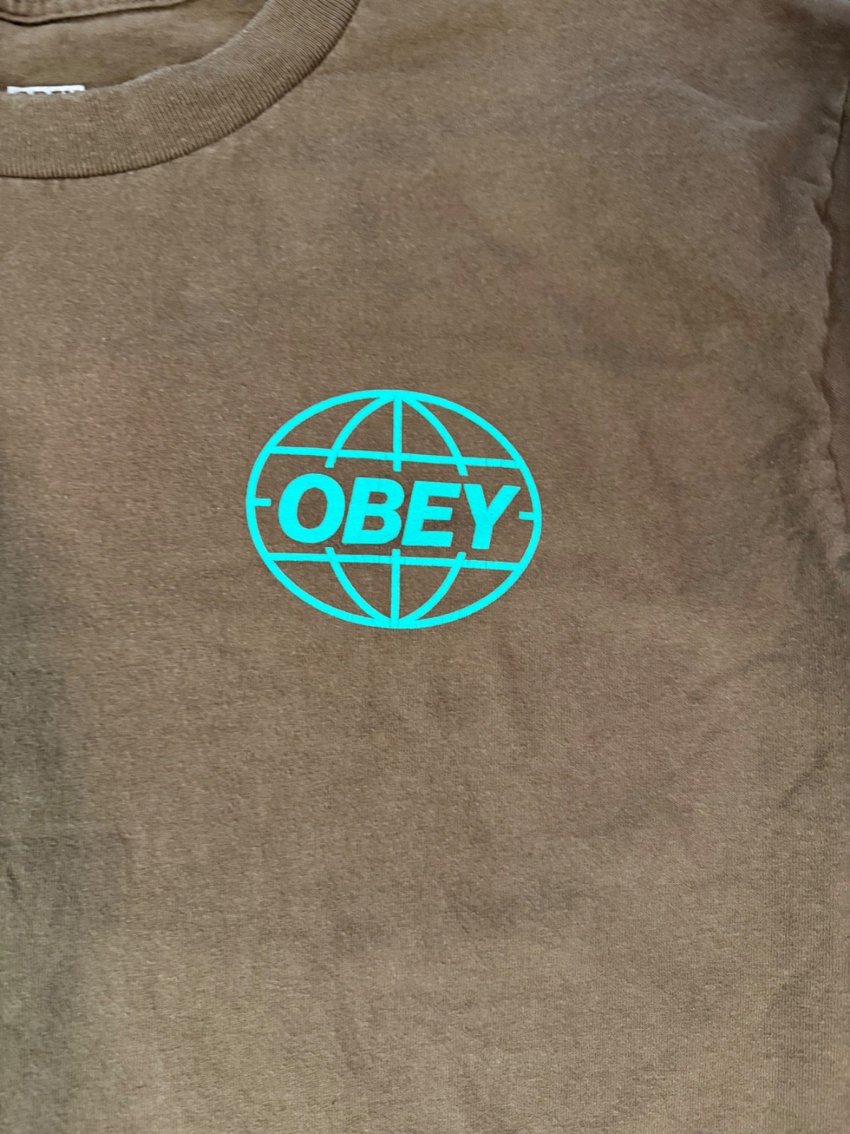 Obey Worldwide Brown Short Sleeve Men's T-Shirt Blue Teal Green Logo Size Large gallery