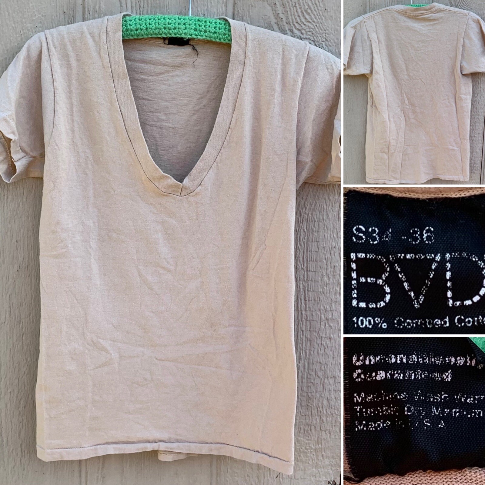 vintage v neck t-shirt beige single stitch BVD size S 34-36 made in USA