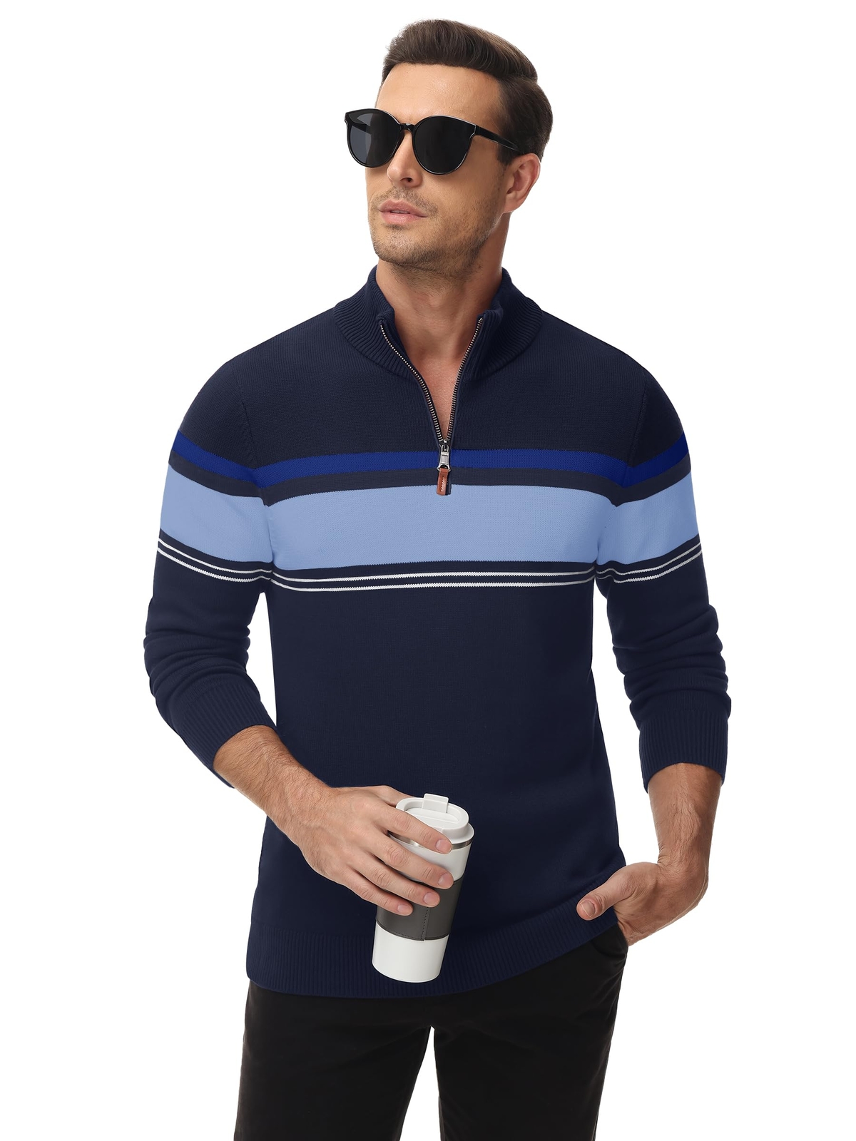 Mens Long Sleeve Sweater 1/4 Zip Winter Warm Casual Fleece Pullover Striped Polo gallery