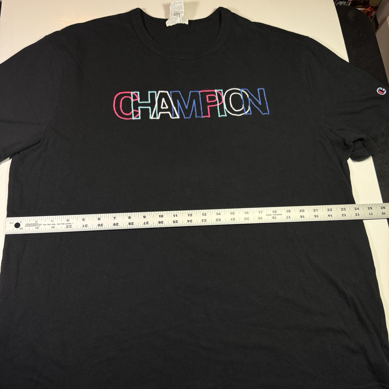 Adult XL Champion Brand Black Multi-Color Logo Embroidered Logo T-Shirt gallery