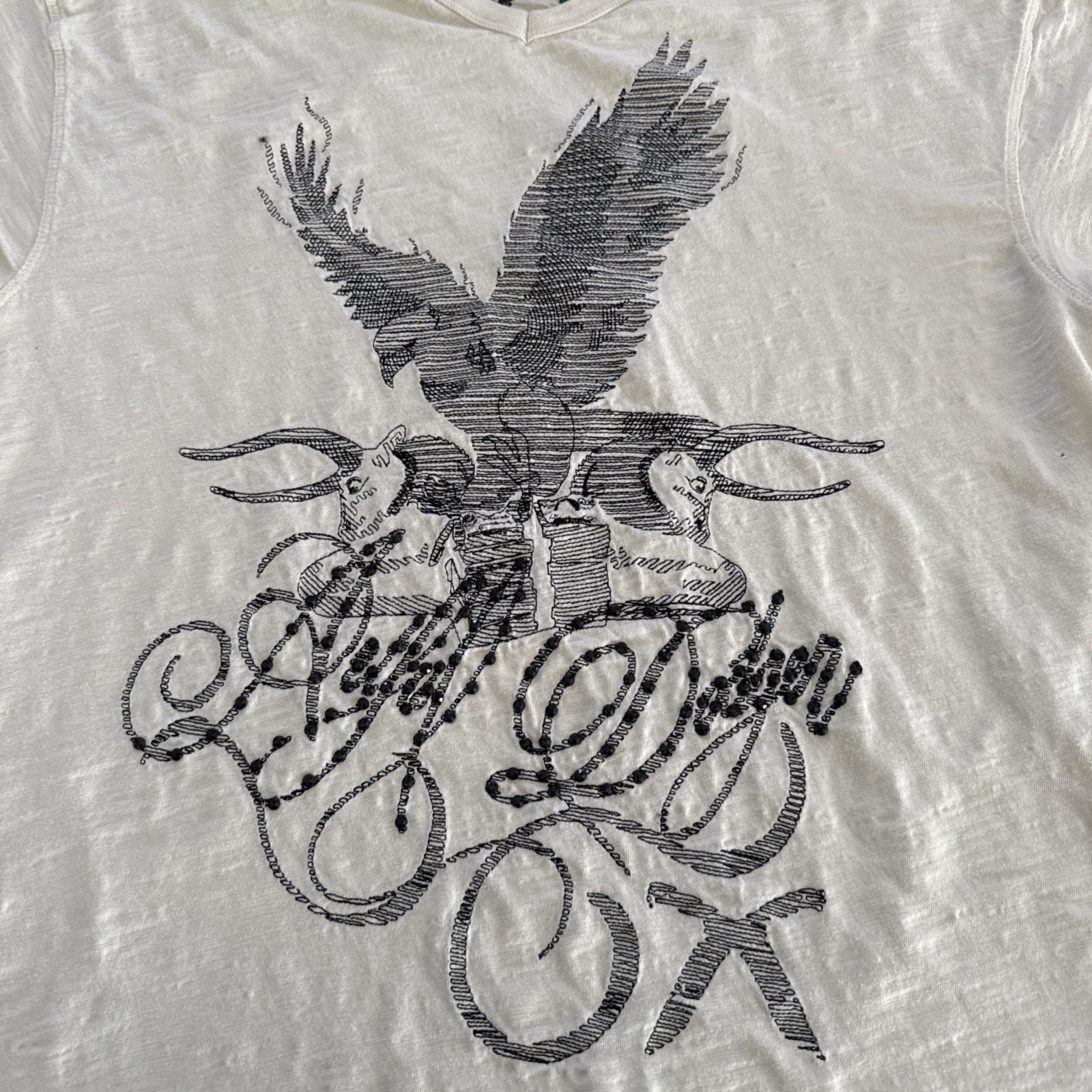 Artful Dodger Shirt Mens XL V-Neck Slub Y2K Embroidered Jeweled Eagle Bull Logo gallery