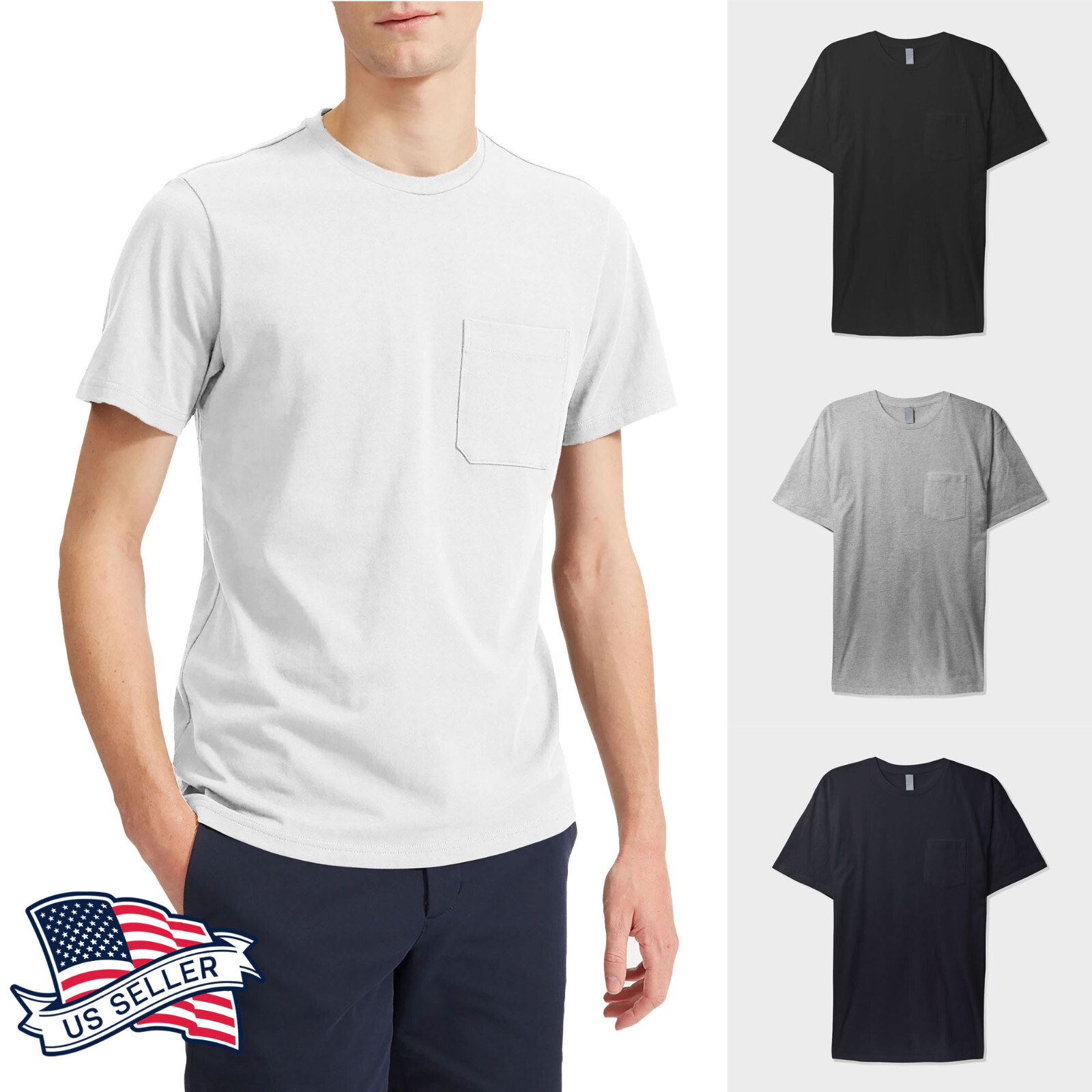 Mens Cotton T Shirts Pocket Tee Workwear Lightweight Crewneck Short Sleeve gallery