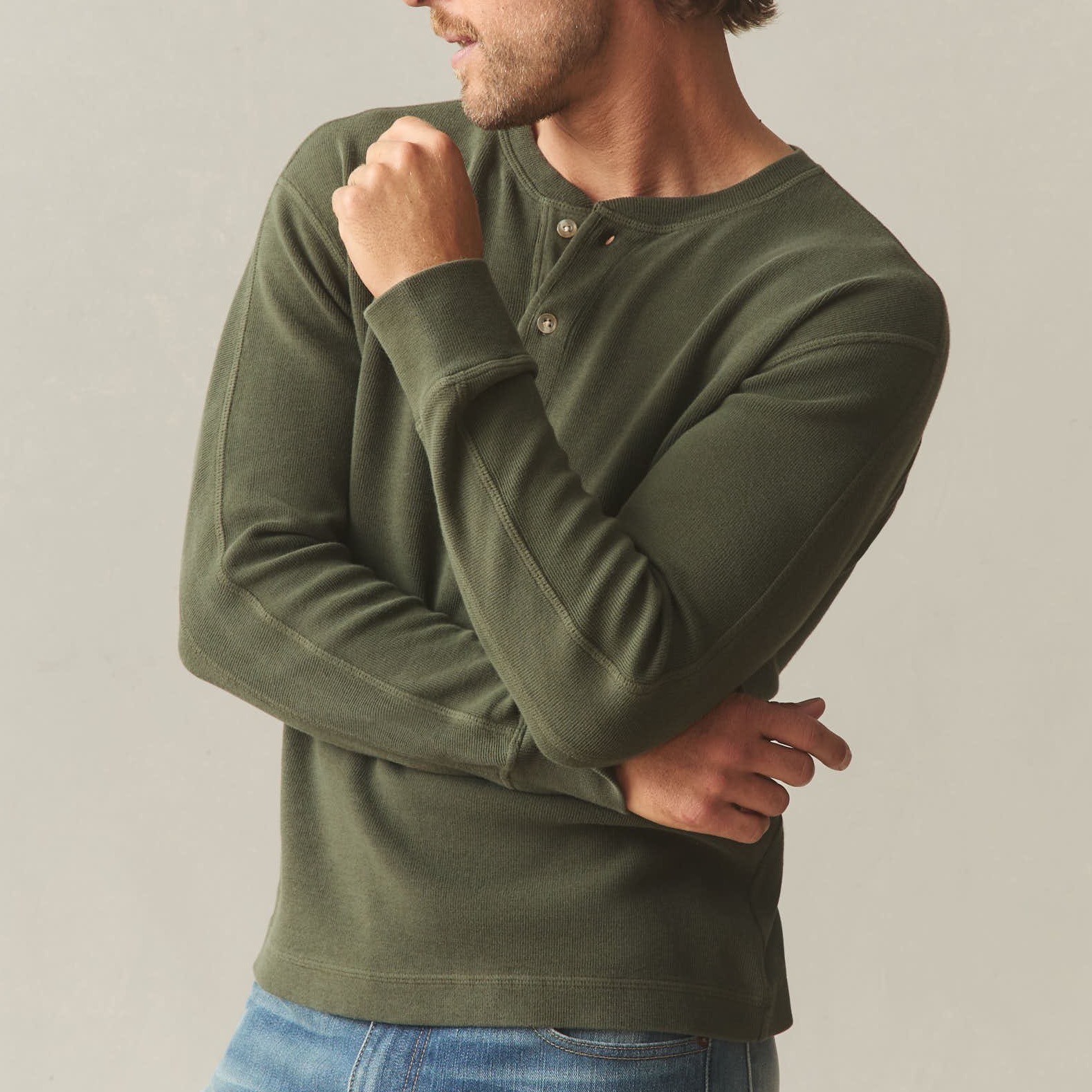 American Giant French T-Shirt Mens Small Olive Green Cotton Ribbed Henley Neck gallery