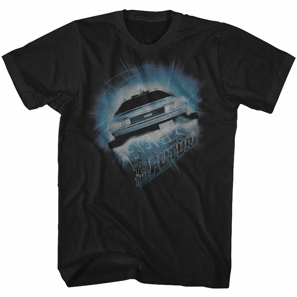 Back To The Future Movie DeLorean Flying Through Time Portal Men's T Shirt gallery