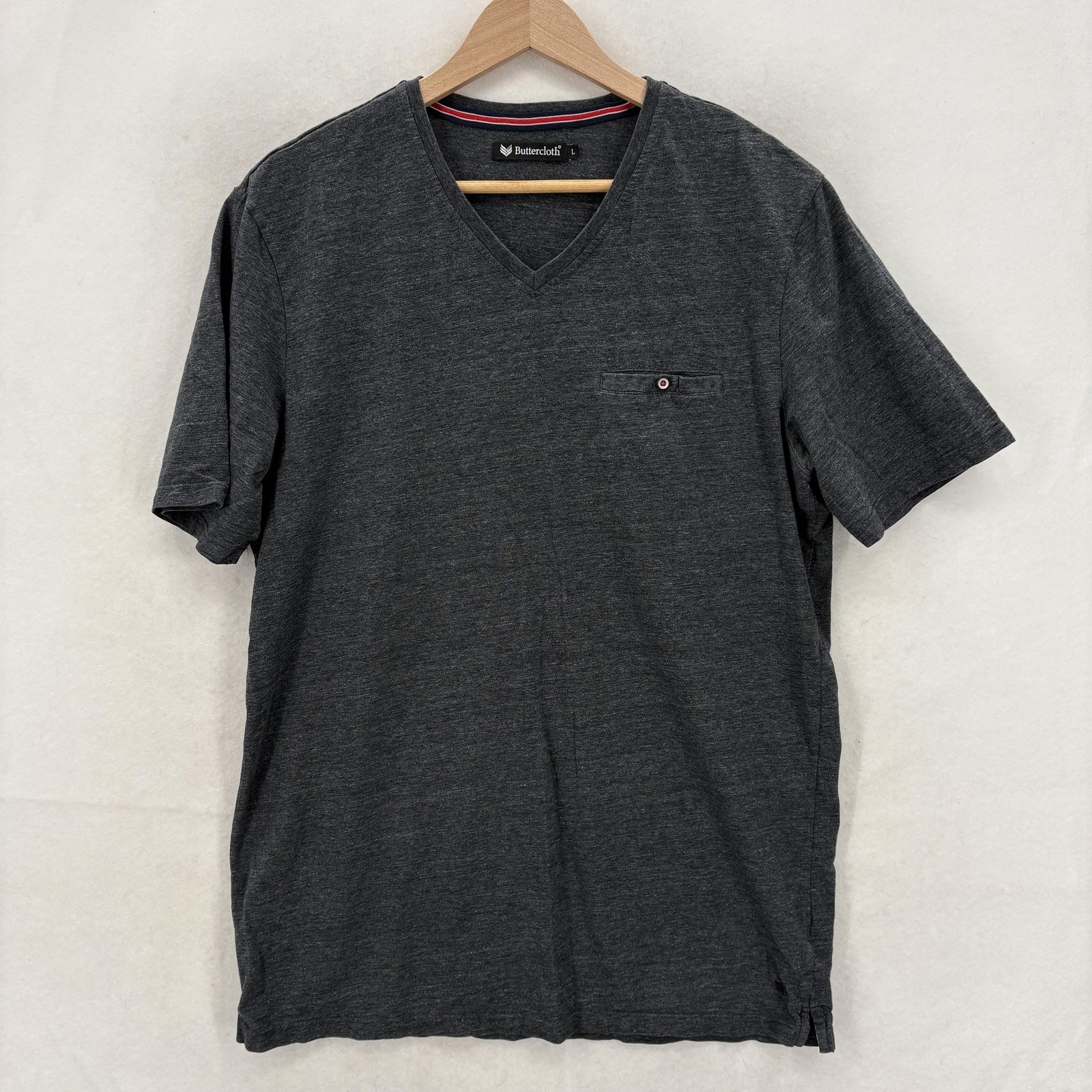Buttercloth Shirt Mens Large Gray V-Neck Stretch Pocket Tee Casual Cotton Blend