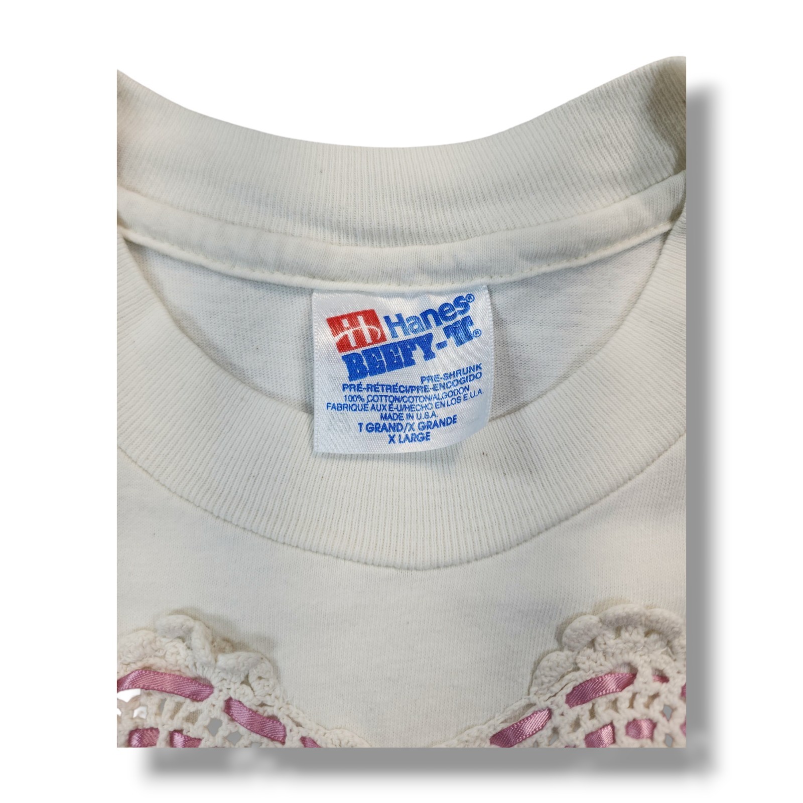 Vintage Hanes Beefy-t Crochet Heart Button Lace White 90's T-Shirt Unisex XL gallery