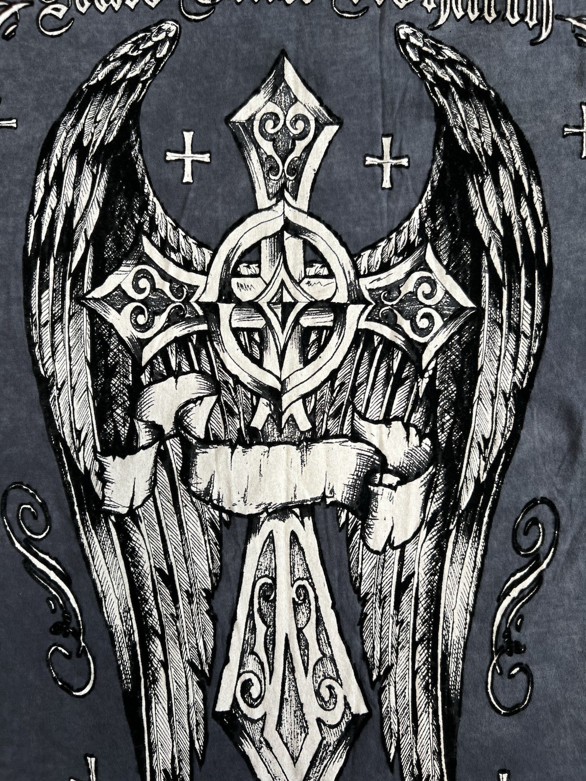 Raw State Shirt Sz M Gray Cross Angel Wings Royalty Stitch Premium Y2K Goth VTG gallery