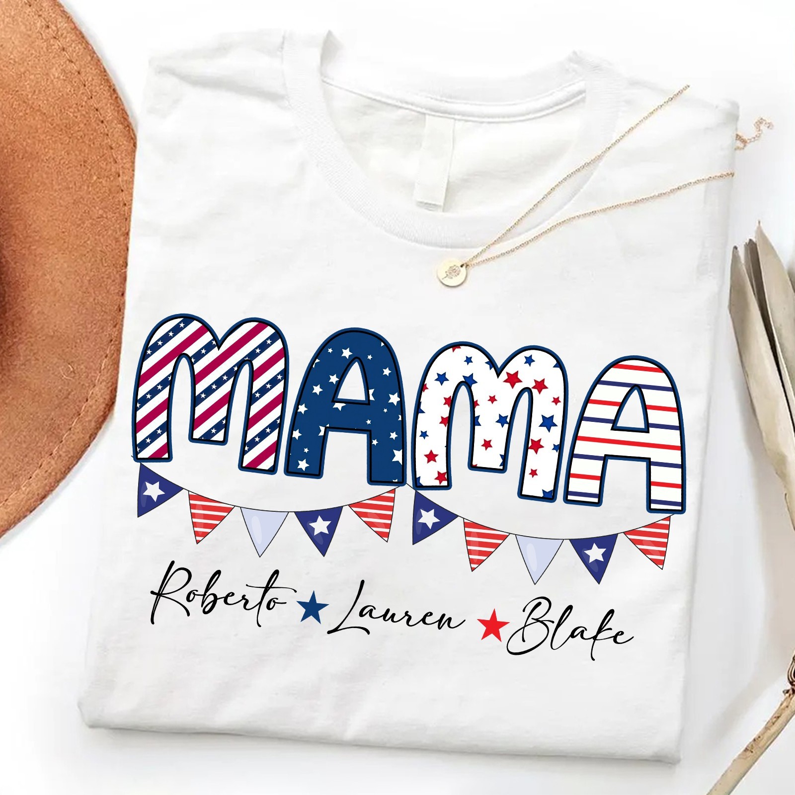 Personalized Mama Shirt Kids Name Patriotic Mother Gift 4th of July USA Flag Tee gallery
