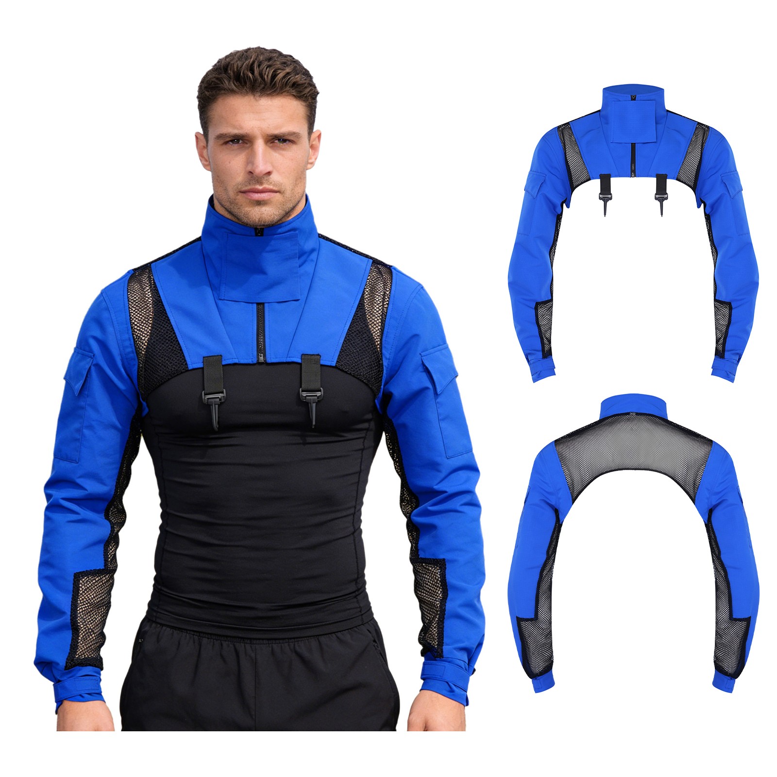 Men Crop Top Long Sleeves T-shirt Shrugs Shoulder Armor Stand Collar Fitness