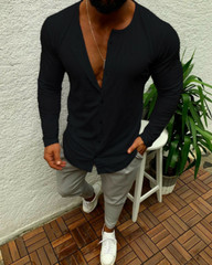 Mens Long Sleeve Solid Color Cardigan T-Shirt Casual Single Breasted Fashion Top