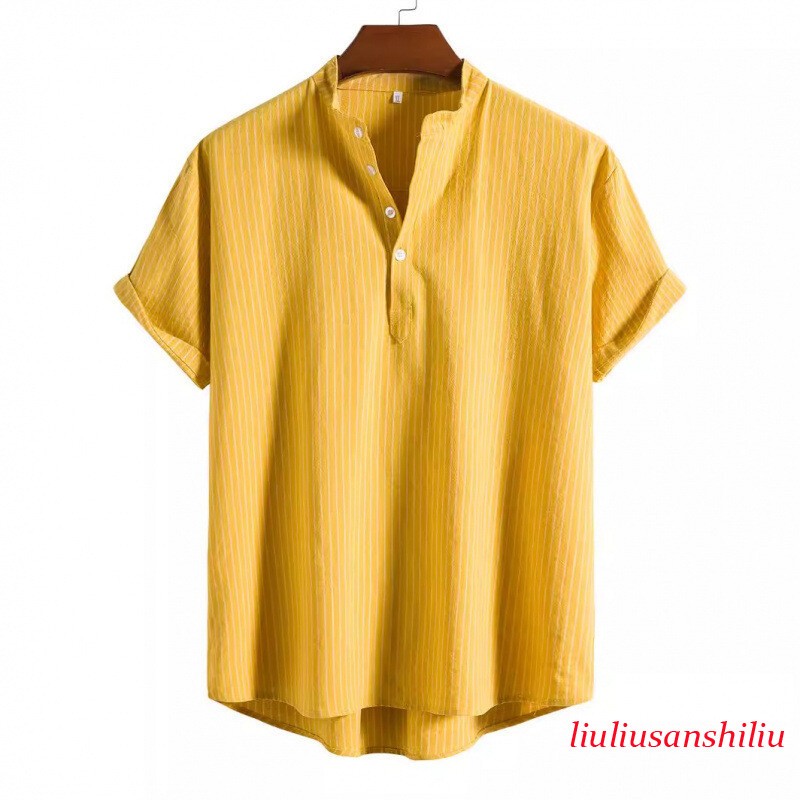 Summer Mens Loose Casual Shirt Cotton and Linen Stand Collar Short Sleeve Shirt gallery