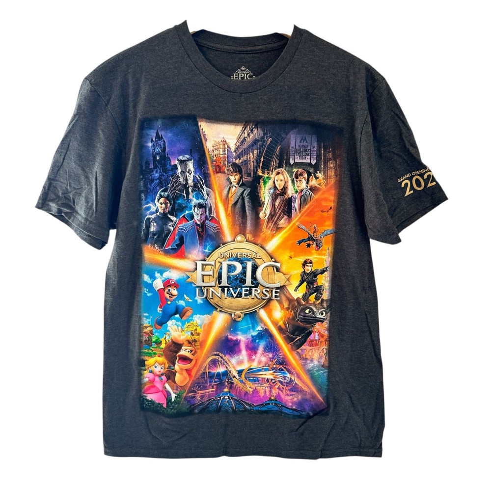 NWT Universal Epic Universe Grand Opening 2025 T-Shirt Mens Small Gray Graphic