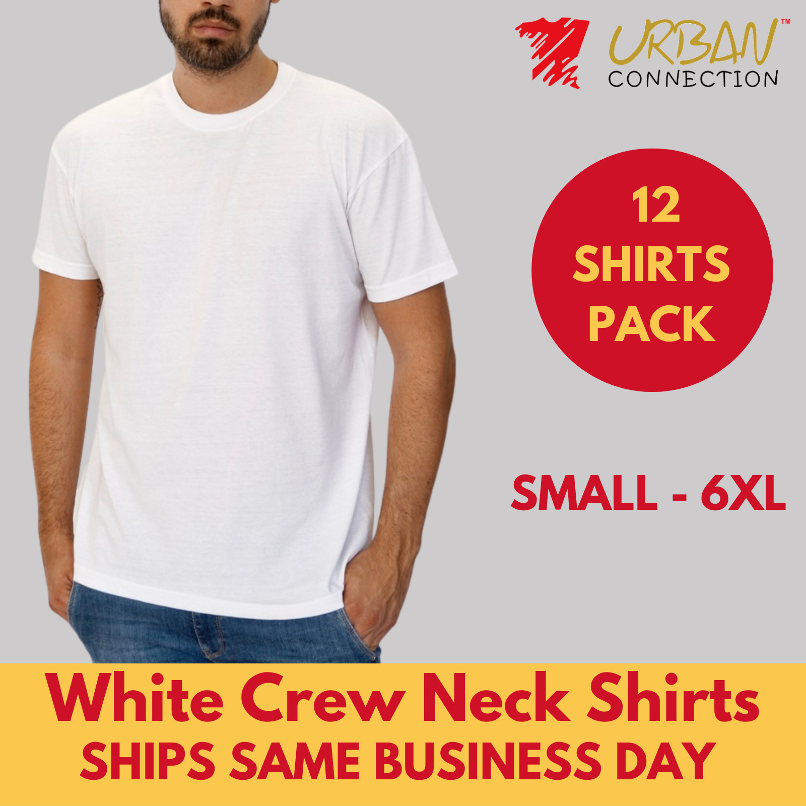 Pack of 12 Shirts | White Crew Round Neck T-Shirt | Urban Connection | Small-6XL gallery
