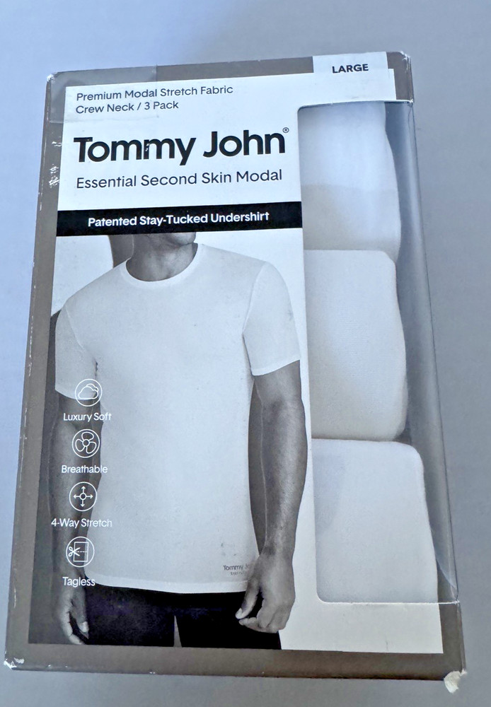 Tommy John Crew Neck Undershirt Second Skin Modal Stay Tucked 3 Pk White LARGE
