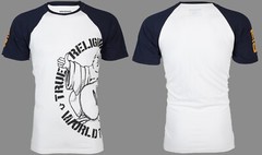 $79 TRUE RELIGION White Navy PART BUDDHA Short Sleeve Designer Raglan T-shirt