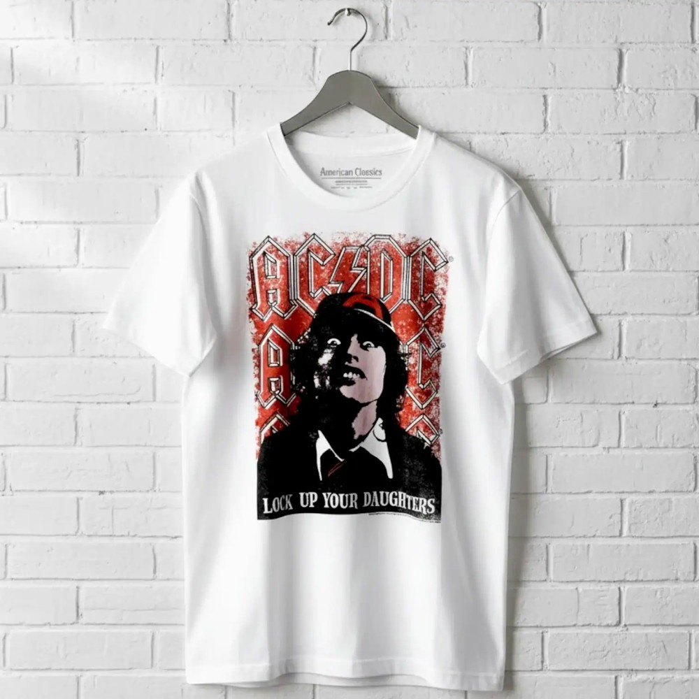 ACDC Angus Young Lock Up Your Daughters Men’s T Shirt FAthers Day Rock Dad