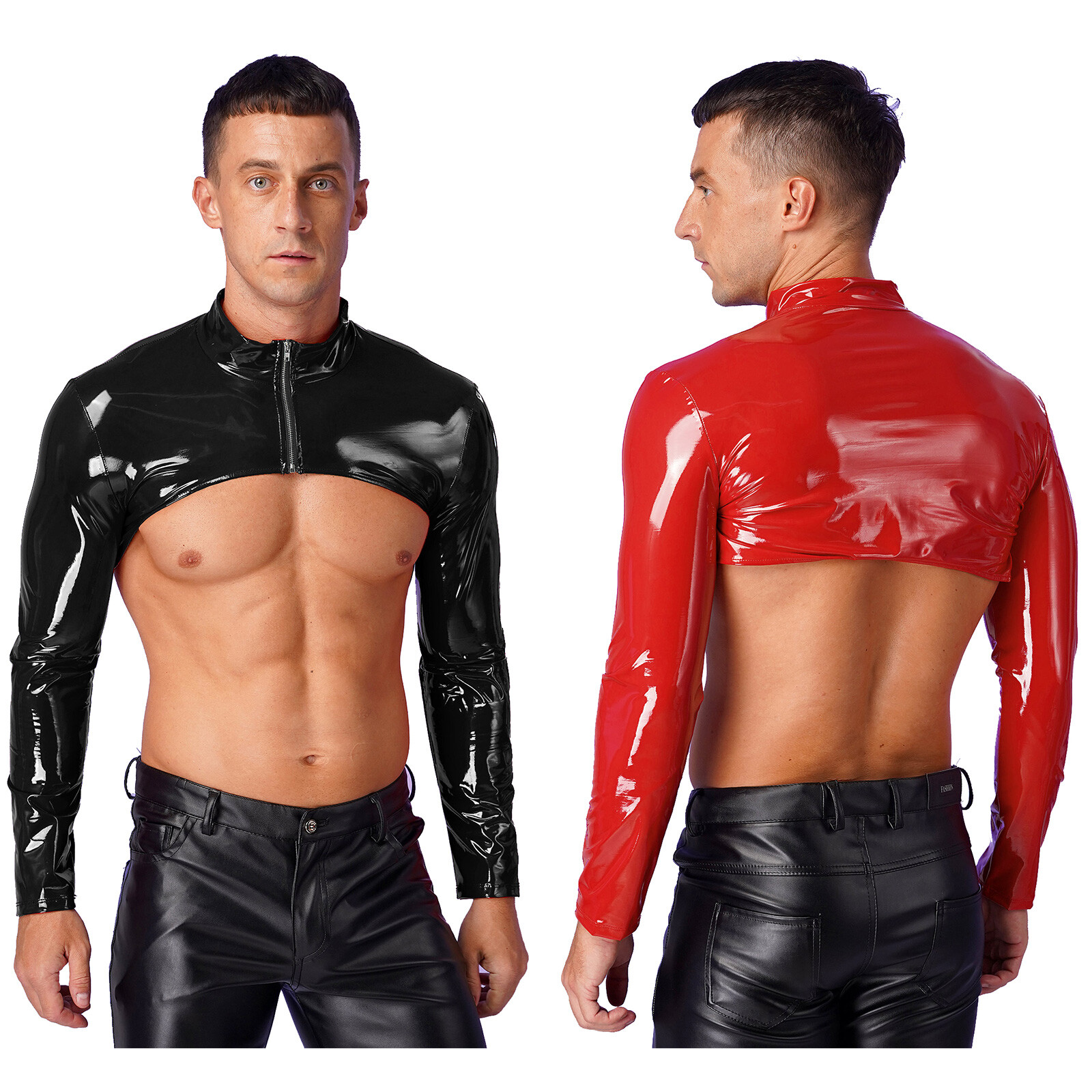 US Mens Shrug Stand Collar Clubwear Long Sleeve Crop Top Patent Leather Slim Top gallery