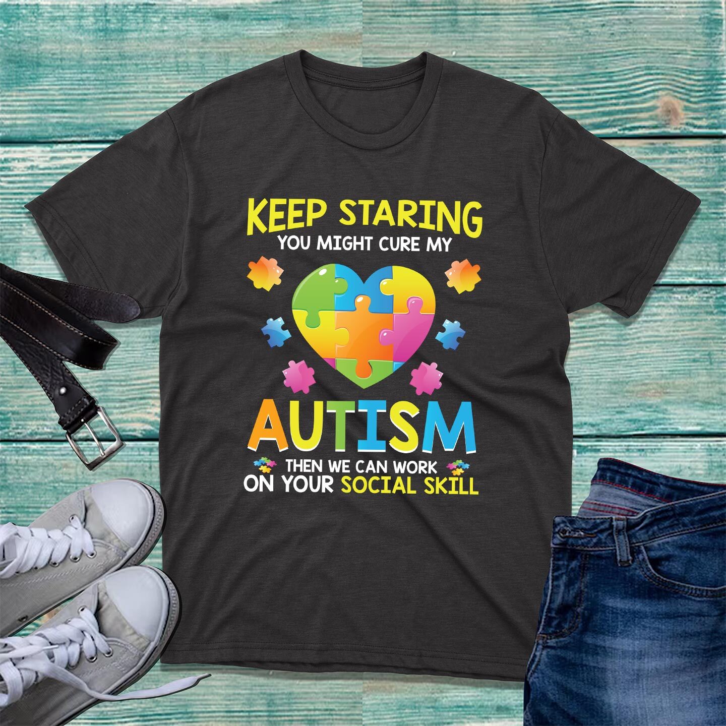 Autism Awareness Quote T-Shirt Puzzle Heart Rainbow Colours Keep Staring Tee Top gallery