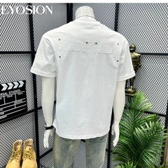 Men High Street Letter Patch Embroidered T-Shirt Rivet Heavy Weight Casual Tee