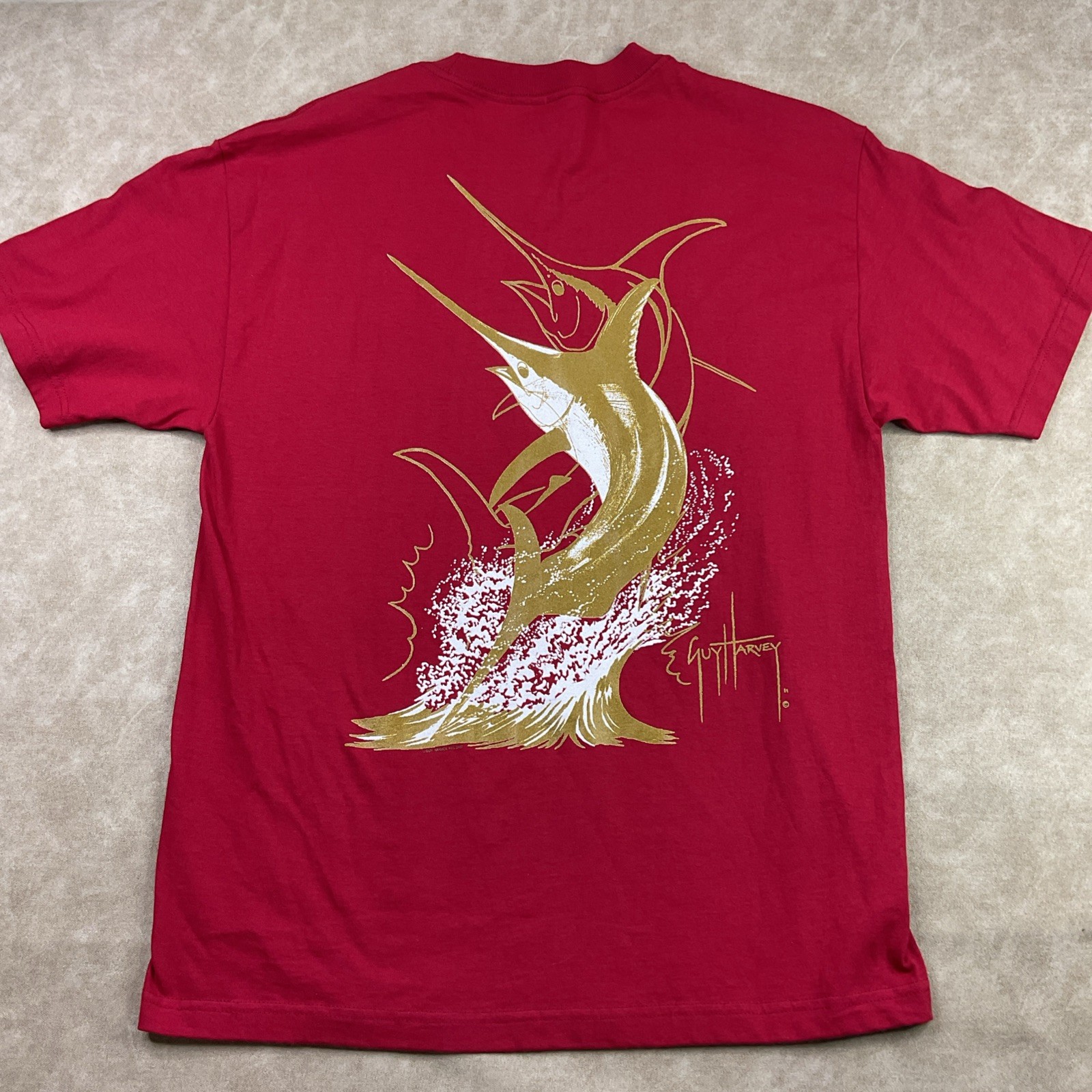 Vintage Guy Harvey T-Shirt Sz L Y2K Graphic Marlin Fish Red Gold Short Sleeve gallery