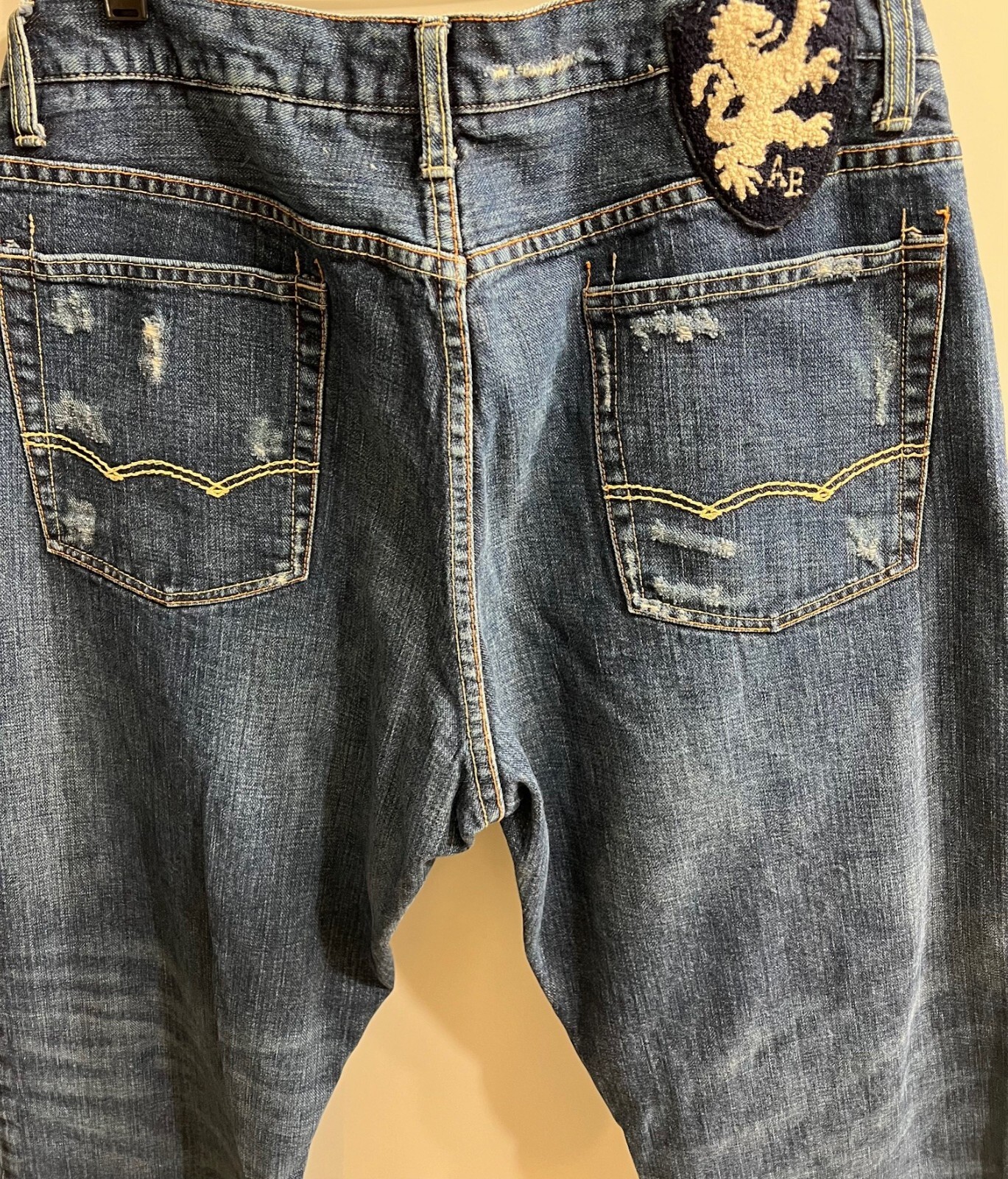 American Eagle Men Denim Jeans Boot Cut Blue 100% Cotton 36 X 31 Distressed gallery