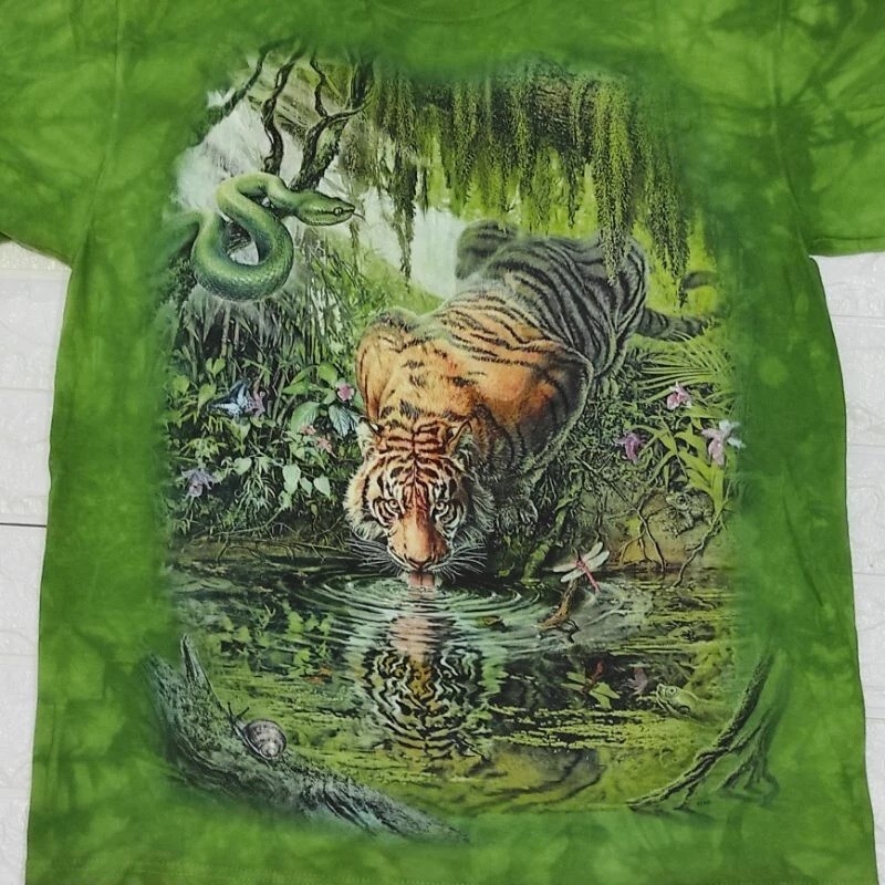 Siberian Tiger Enchanted Snake King Pool Reflection Mountain Green T-Shirt S-3X gallery