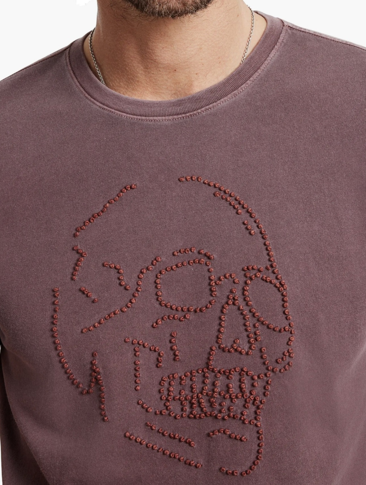 John Varvatos Men's Large Skull Embroidered Beaded Knots Crew T-Shirt Mauvewood gallery