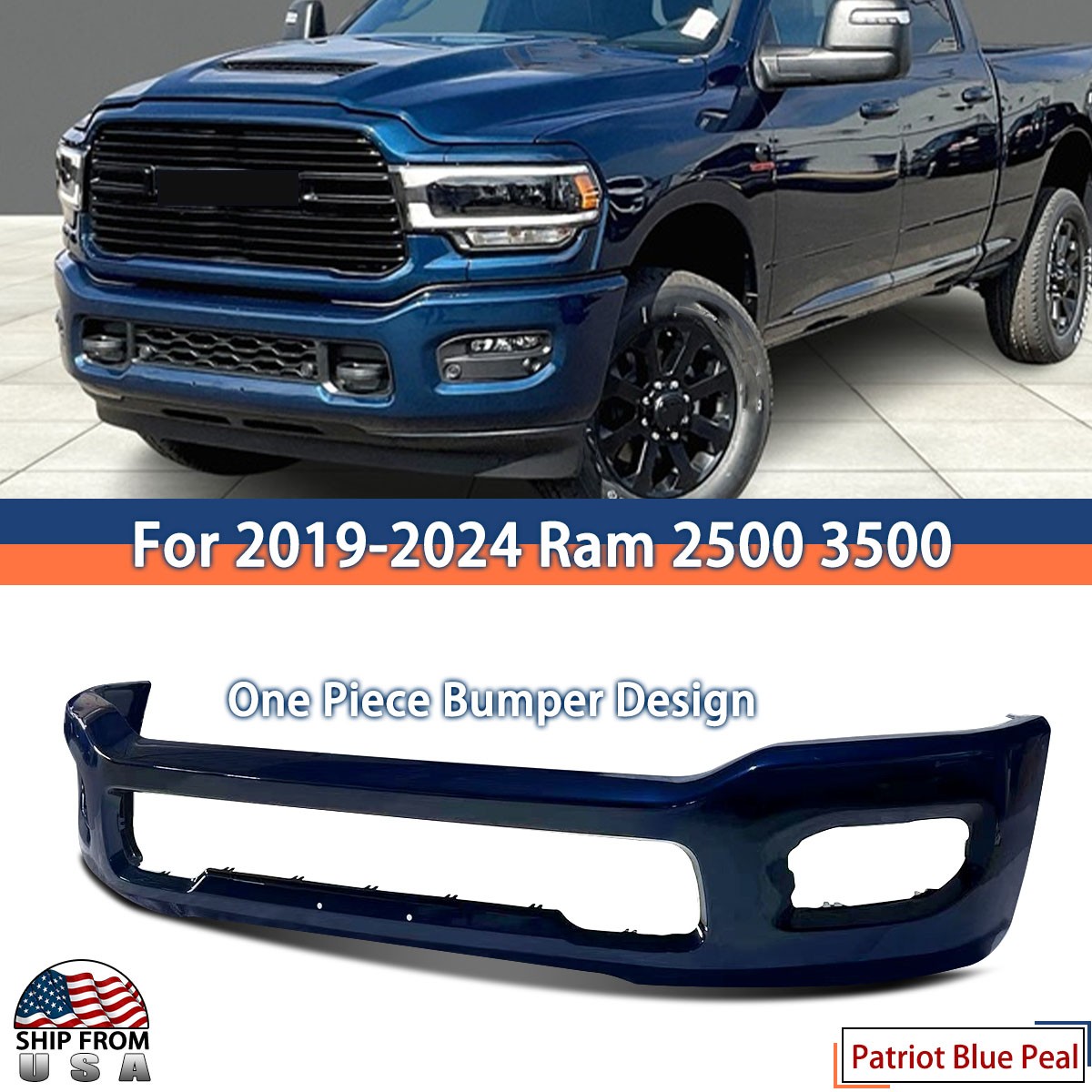Patriot Blue Peal Front Bumper Face Bar for 2019-24 RAM 2500 3500 Pickup W/ Hole