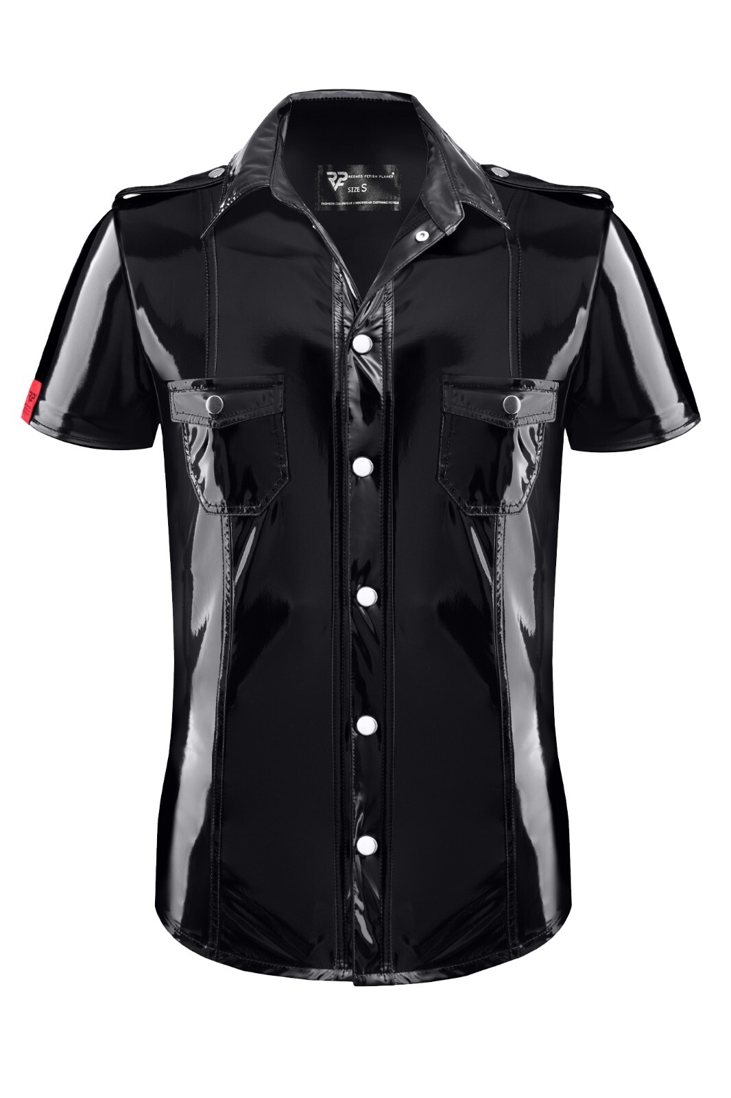 Men’s Black Shiny PVC Shirt Slim Fit Snap Button Stand Collar Top gallery