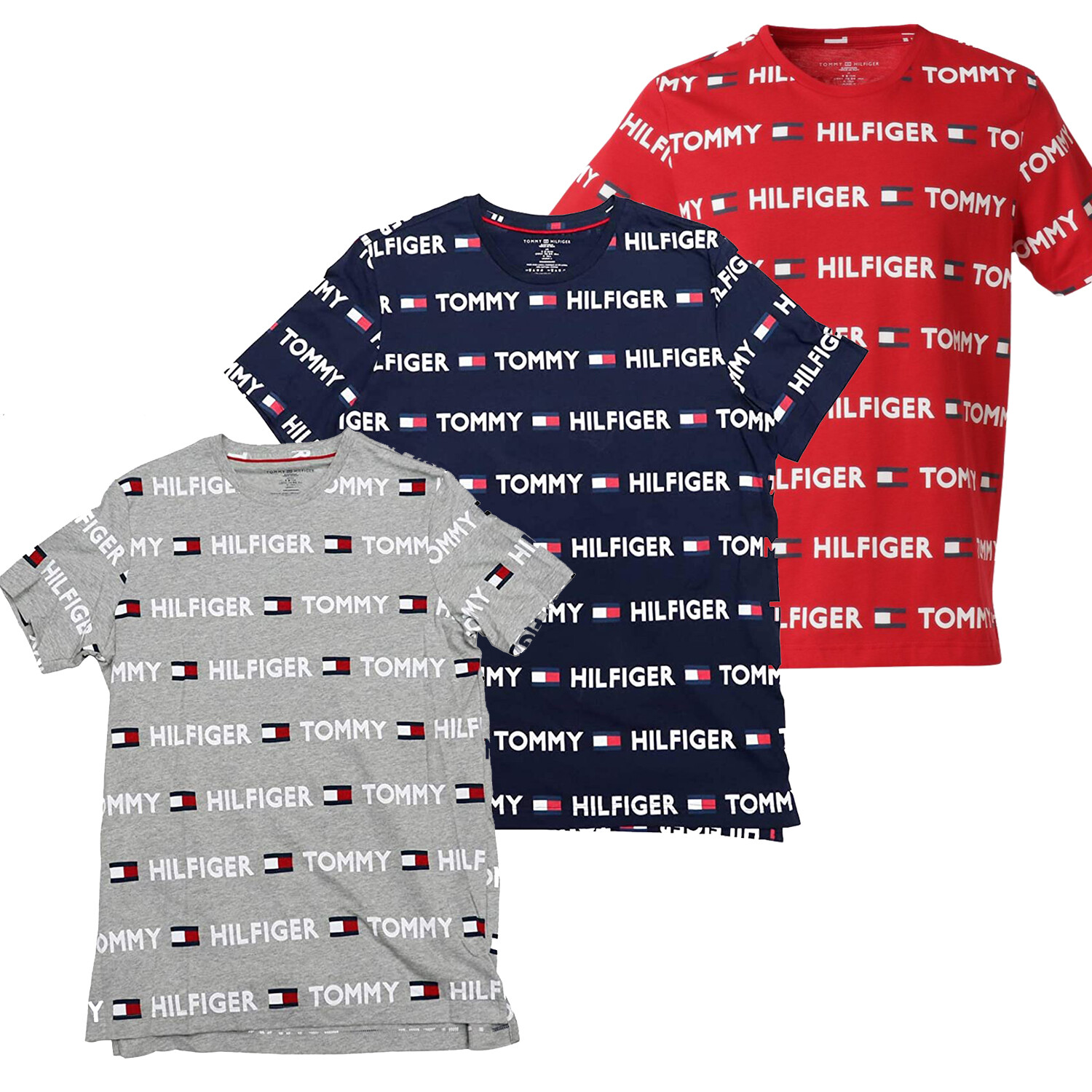 Mens Tommy Hilfiger Logo Print T-Shirt Red Navy Blue Grey Lounge Tee NEW gallery