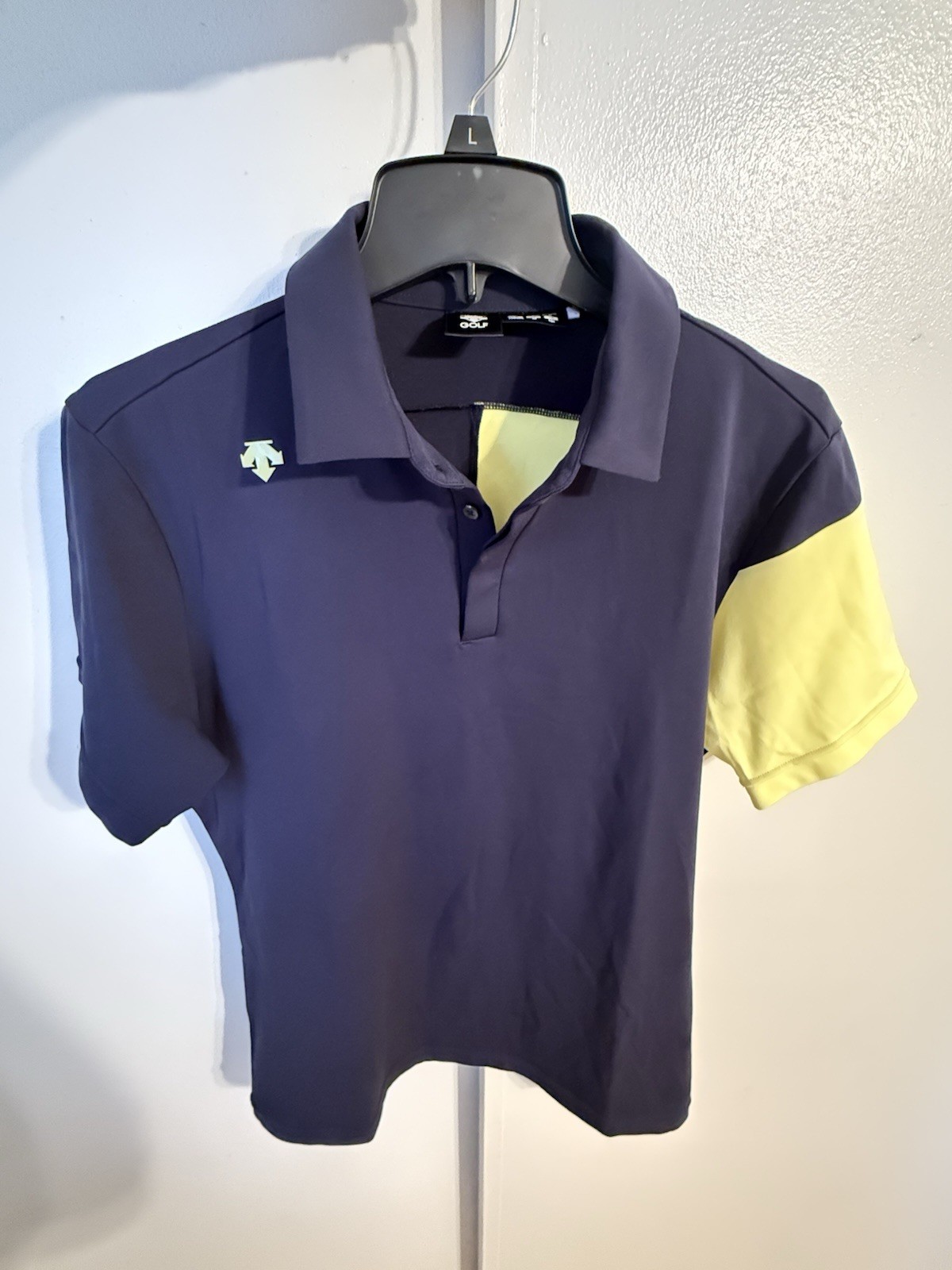 Descente Golf Polo Shirt Short Sleeve Thick Logo Print Navy Yellow L Men'S gallery