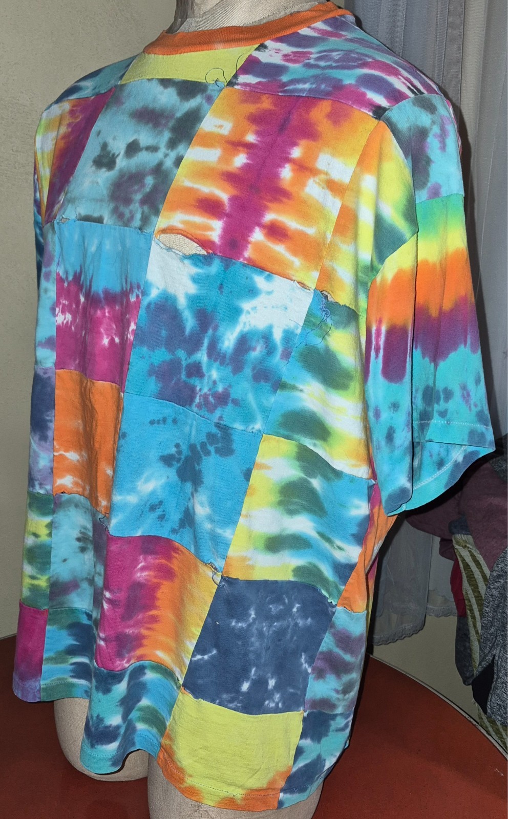 Eye Dye Vintage Patchwork Tie Dyed T-Shirt XL One Size Rainbow Checkerboard Boho