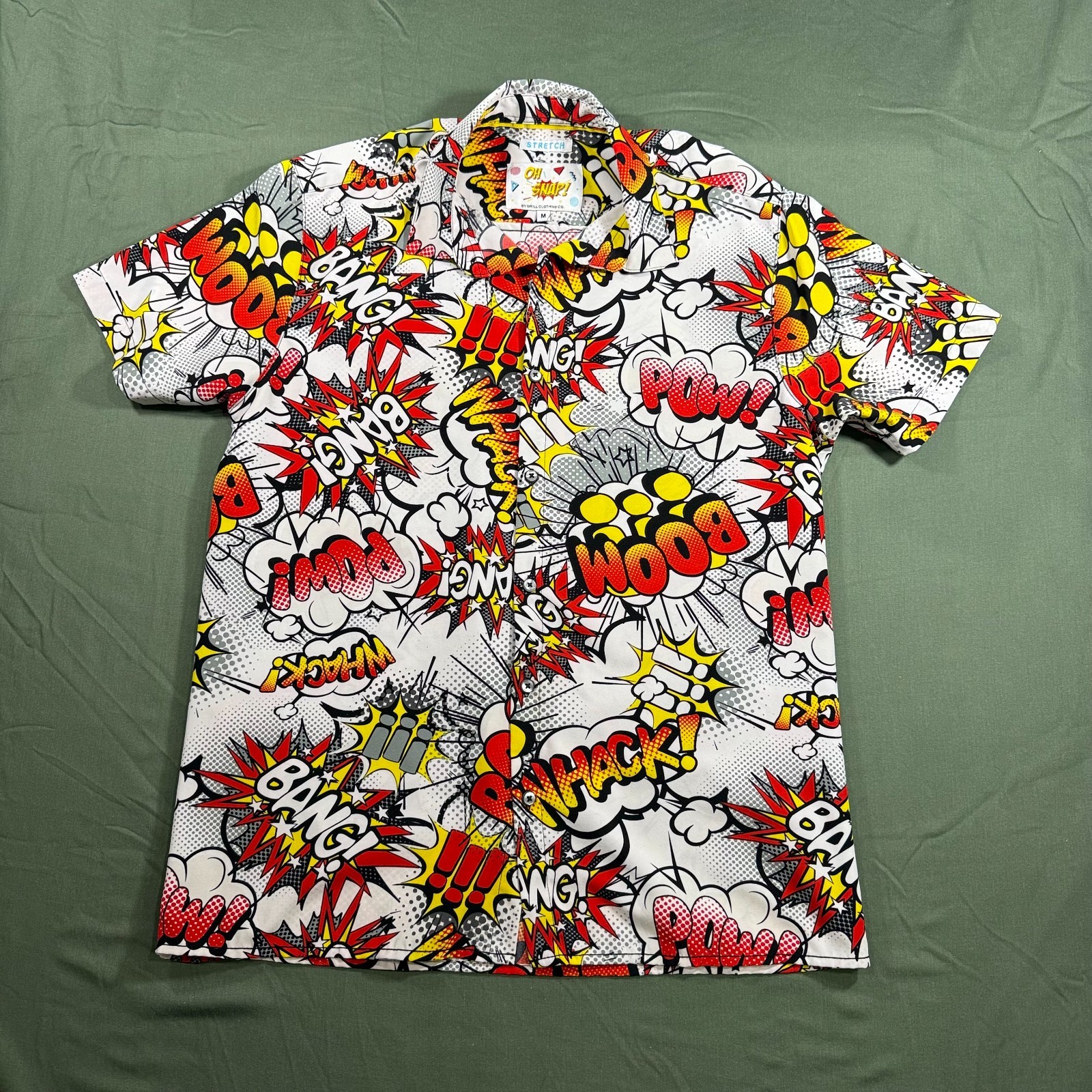 Oh Snap Drill Clothing Comic Pop Art Shirt Mens M Stretch Button Up Bang Pow gallery