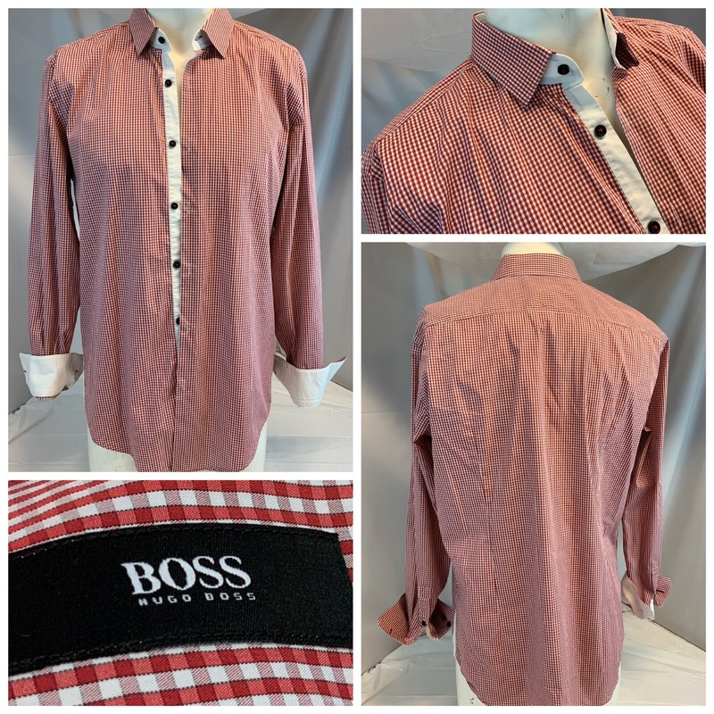 Hugo Boss Slim Fit Dress Shirt 16 34 Red Gingham Stretch Turkey LNWOT YGI C0-376