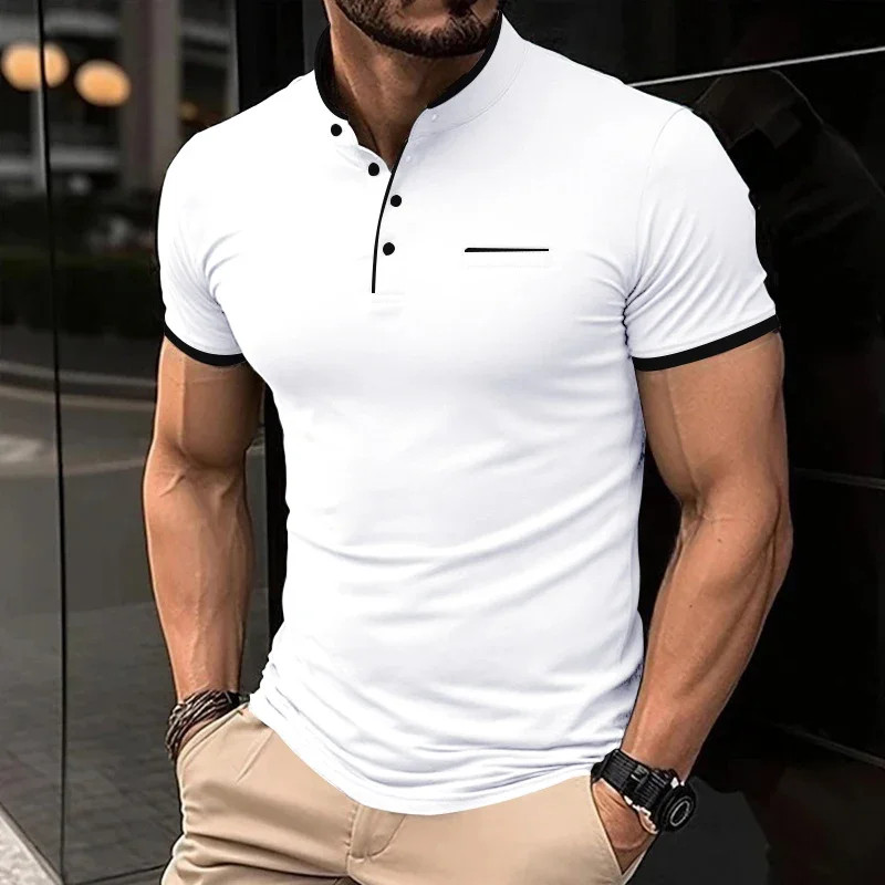 2025 New Men's Casual and Fashionable Solid Color Short Sleeved Stand Up Collar gallery