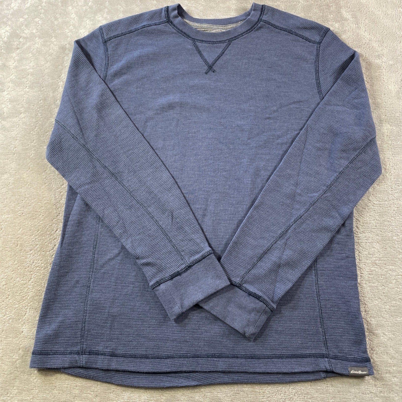 Eddie Bauer Thermal Shirt Mens Large Blue Waffle Knit Crewneck Outdoor Casual